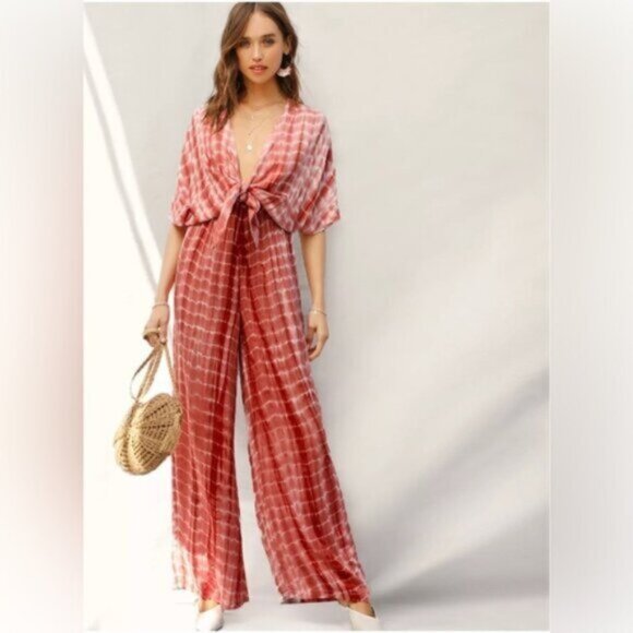 Pants - Plunging Neck Knot Front Tie Dye Palazzo Jumpsuit